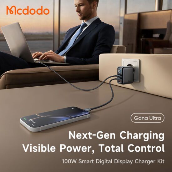 شارژر آداپتور دیواری 3پورت 100وات مک دودو مدل MCDODO GaN CH-6050 نمایشگر توان و دما بهمراه کابل شارژ