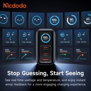 شارژر آداپتور دیواری 3پورت 100وات مک دودو مدل MCDODO GaN CH-6050 نمایشگر توان و دما بهمراه کابل شارژ