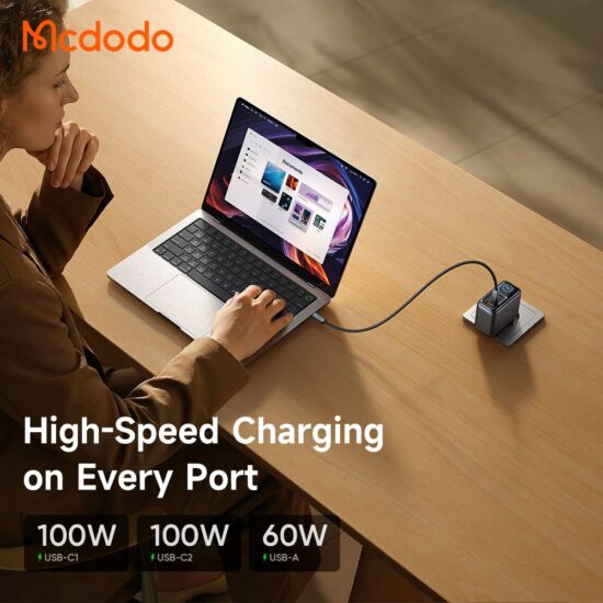 شارژر آداپتور دیواری 3پورت 100وات مک دودو مدل MCDODO GaN CH-6050 نمایشگر توان و دما بهمراه کابل شارژ