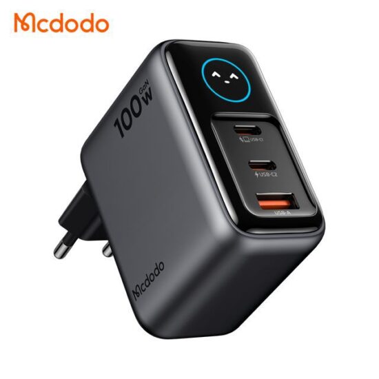 شارژر آداپتور دیواری 3پورت 100وات مک دودو مدل MCDODO GaN CH-6050 نمایشگر توان و دما بهمراه کابل شارژ