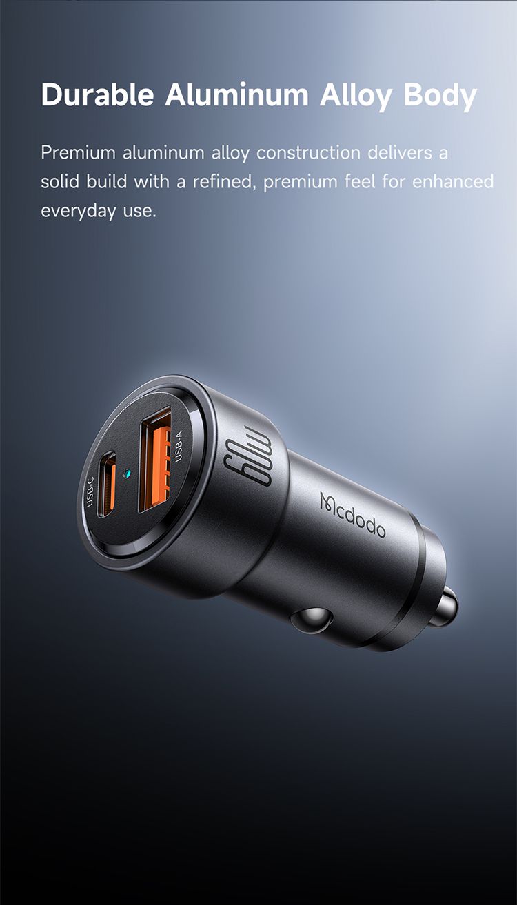 شارژر فندکی شارژ سریع 2پورت 60وات بدنه فلزی از برند مک دودو مدل MCDODO CC-821 | جانبی360