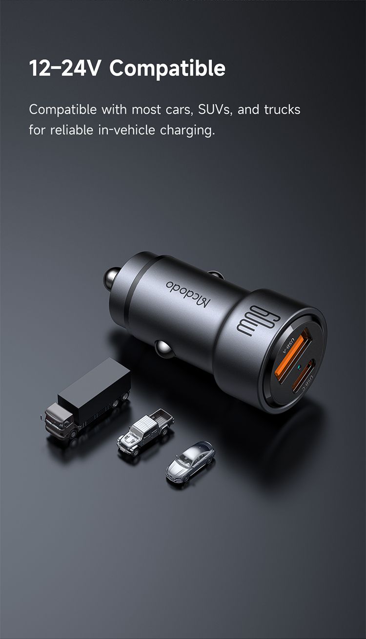 شارژر فندکی شارژ سریع 2پورت 60وات بدنه فلزی از برند مک دودو مدل MCDODO CC-821 | جانبی360