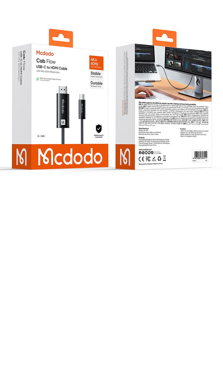 کابل انتقال تصویر (4K @ 60Hz) با کیفیت Ultra HD تبدیل HDMI به تایپ سی از برند مک دودو مدل MCDODO CA-790 به طول 2متر از جنس کنفی | جانبی360