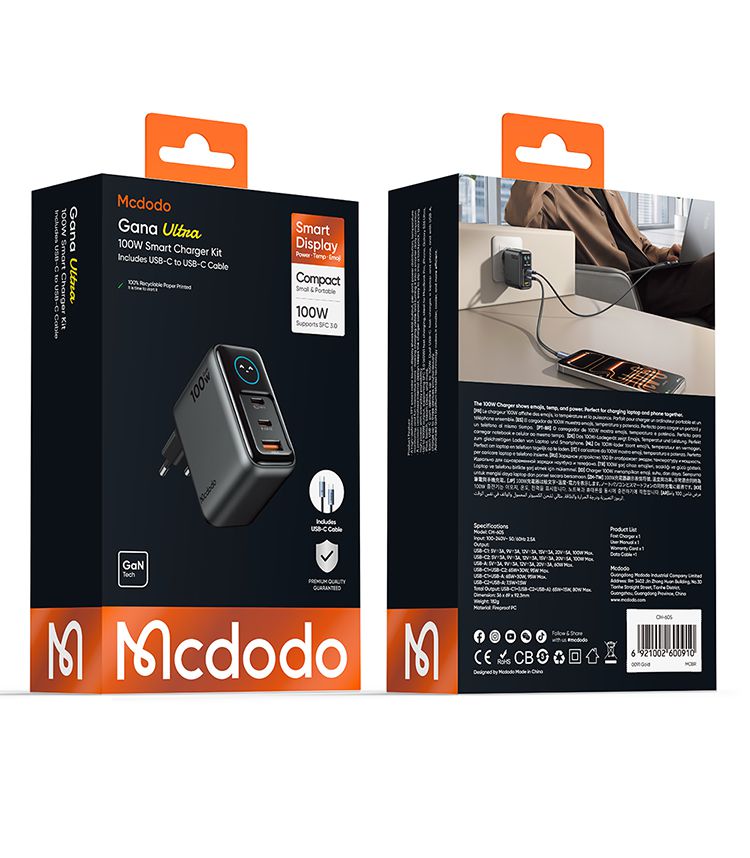 750 17 - شارژر آداپتور دیواری 3پورت 100وات مک دودو مدل MCDODO GaN CH-6050 نمایشگر توان و دما بهمراه کابل شارژ