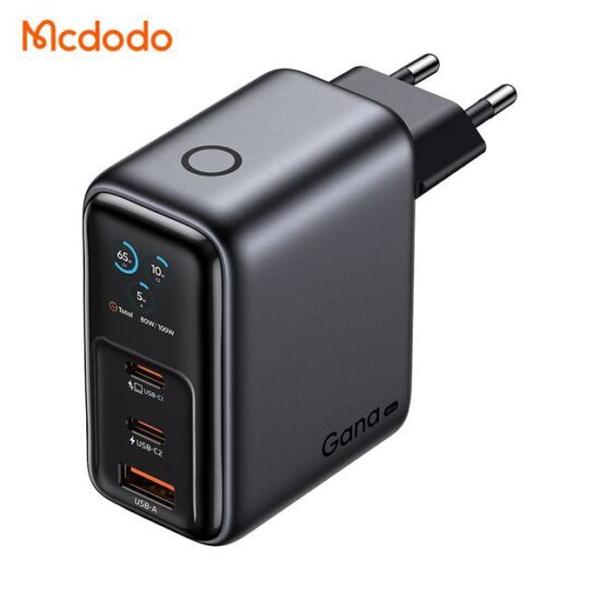 شارژر آداپتور دیواری 3پورت 100وات مک دودو مدل MCDODO GaN CH-6050 نمایشگر توان و دما بهمراه کابل شارژ