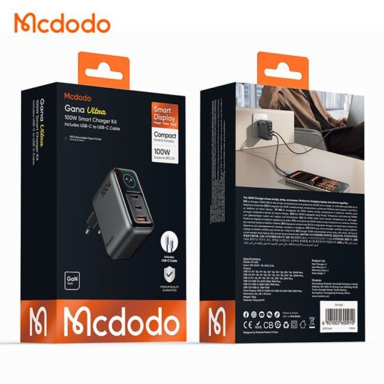 شارژر آداپتور دیواری 3پورت 100وات مک دودو مدل MCDODO GaN CH-6050 نمایشگر توان و دما بهمراه کابل شارژ