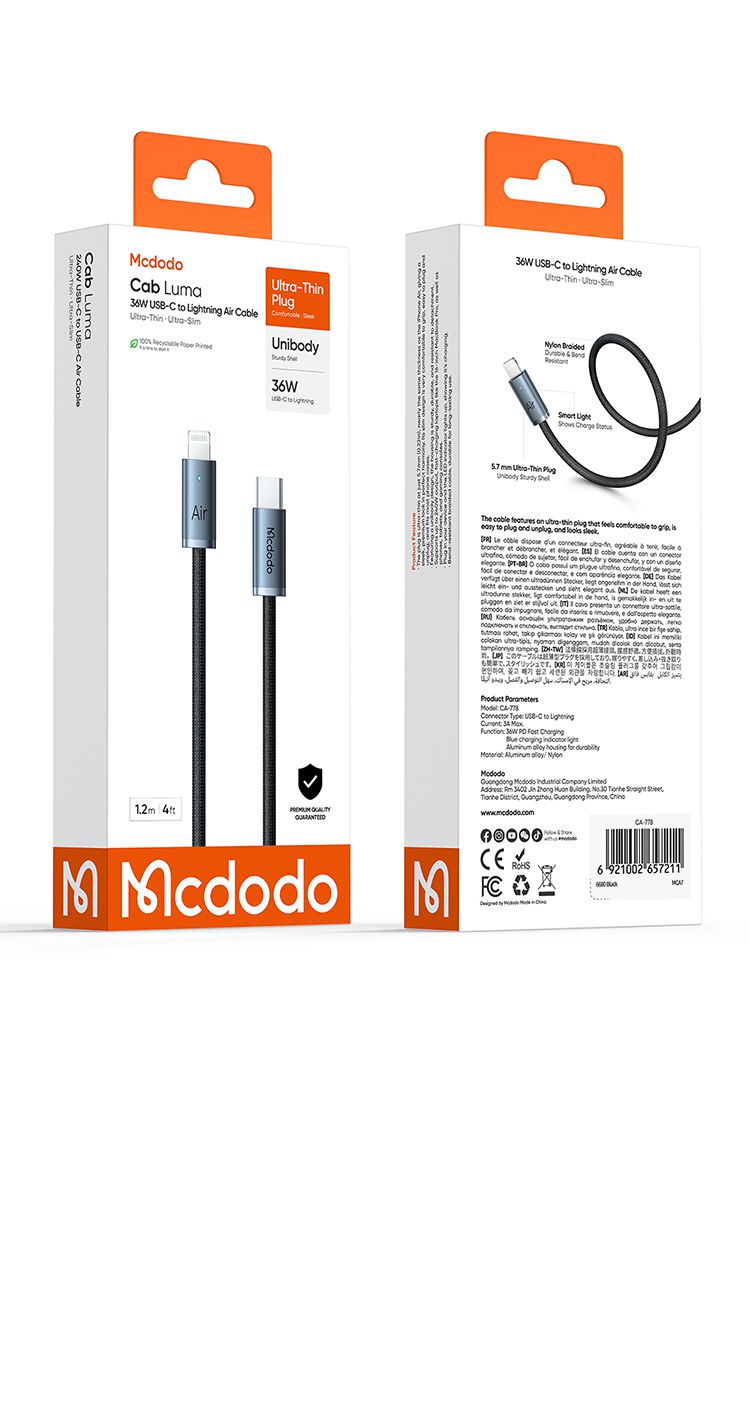 کابل شارژ و انتقال دیتا تایپ سی به لایتنینگ 36وات 3آمپر از برند مک دودو مدل MCDODO CA-778 طول 1.2 و 1.8متر | جانبی360