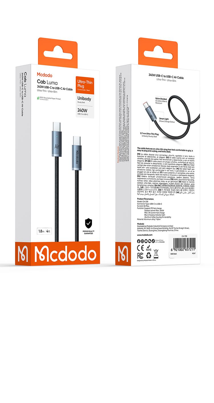 کابل شارژ و انتقال دیتا تایپ سی به تایپ سی 240وات از برند مک دودو مدل MCDODO CA-708 طول 1.2 و 1.8متر | جانبی360