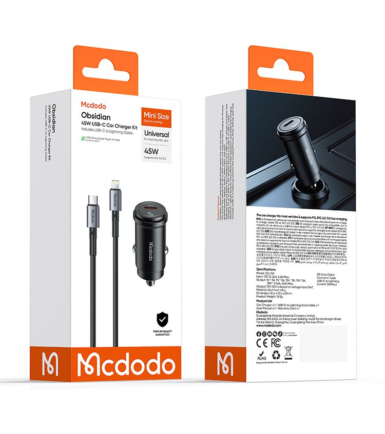 شارژر فندکی 45وات با قابلیت شارژ سریع سوپر فست شارژ 3.0 و 2.0 (SFC3.0) گوشی های سامسونگ از برند مک دودو مدل MCDODO CC-7495 بهمراه کابل شارژ تایپ سی به لایتنینگ | جانبی360