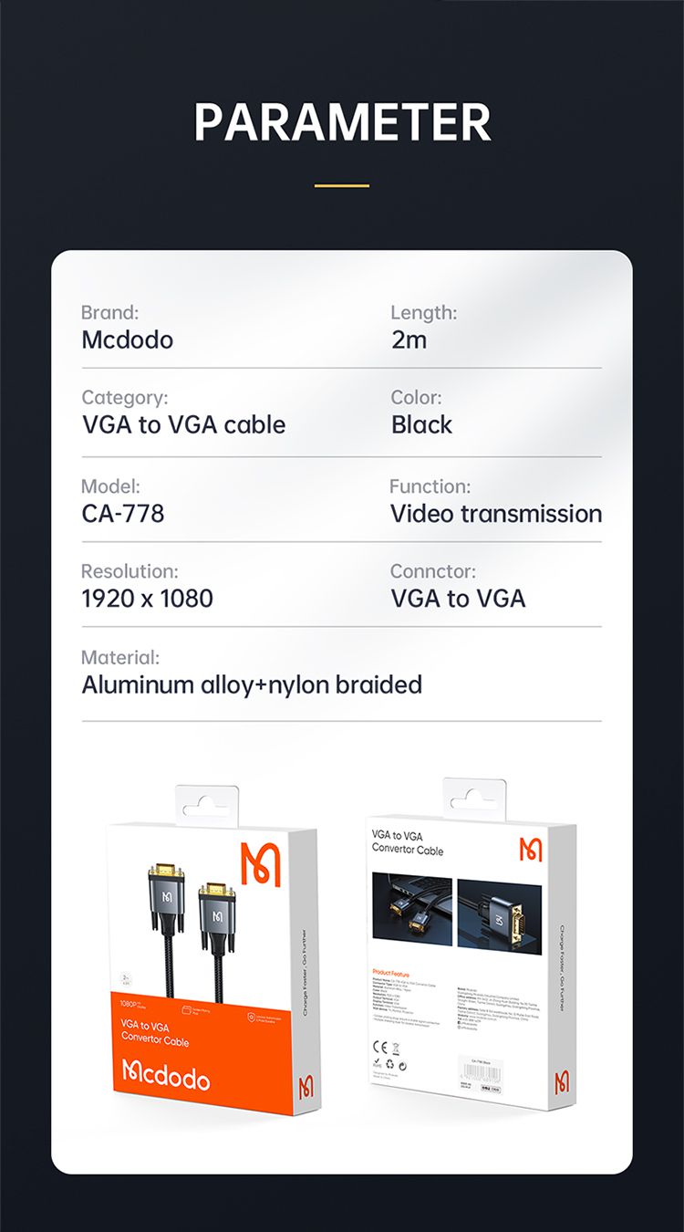 کابل انتقال تصویر تبدیل VGA به VGA  با کیفیت 1080 پیکسل از برند مک دودو مدل MCDODO CA-7780 به طول 2متر | جانبی360