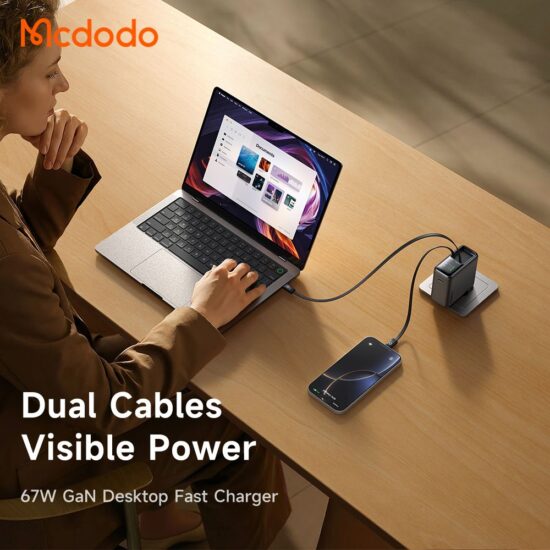 شارژر آداپتور دیواری 3پورت 67وات مک دودو مدل MCDODO GaN CH-8640 با 2کابل جمع شونده تایپ سی