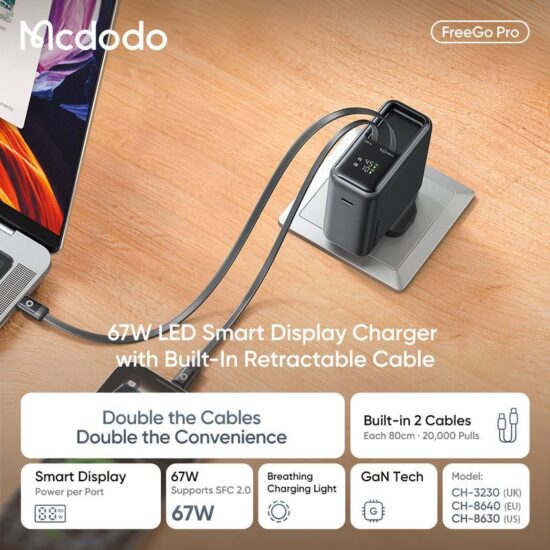 شارژر آداپتور دیواری 3پورت 67وات مک دودو مدل MCDODO GaN CH-8640 با 2کابل جمع شونده تایپ سی