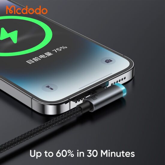 کابل شارژ سریع هوشمند 90درجه تایپ سی به لایتنینگ 36 وات مک دودو مدل MCDODO CA-5860  قطع کن اتومات طول 1.2متر