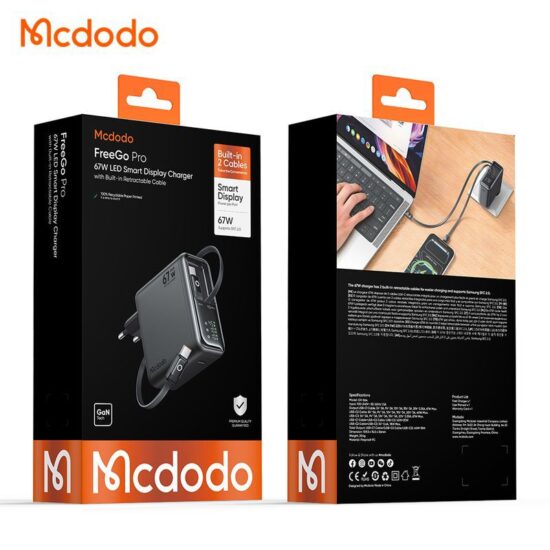 شارژر آداپتور دیواری 3پورت 67وات مک دودو مدل MCDODO GaN CH-8640 با 2کابل جمع شونده تایپ سی