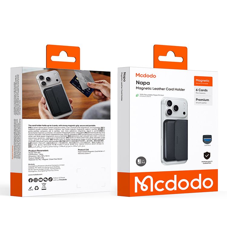 جاکارتی چرمی مگنتی پشت موبایل از برند مک دودو مدل MCDODO WH-353 دارای ظزفیت 6 کارت ضروری | janebi360