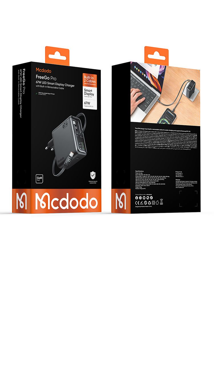 شارژر آداپتور دیواری 3پورت شارژ سریع 67واتی از برند مک دودو مدل MCDODO GaN CH-864 بهمراه 2عدد کابل جمع شونده تایپ سی | janebi360 شارژر آداپتور دیواری 3پورت شارژ سریع 67واتی از برند مک دودو مدل MCDODO GaN CH-864 بهمراه 2عدد کابل جمع شونده تایپ سی | janebi360