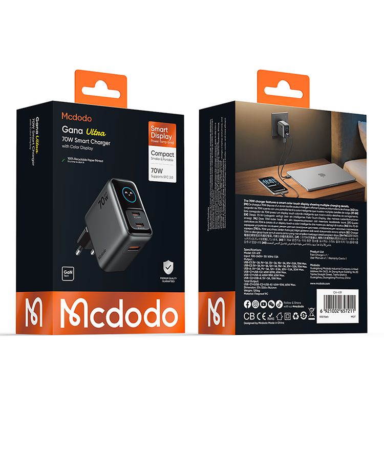 شارژر آداپتور دیواری 3پورت 70وات از برند مک دودو مدل MCDODO GaN CH-419 دارای نمایشگر توان و دما | جانبی360 شارژر آداپتور دیواری 3پورت 70وات از برند مک دودو مدل MCDODO GaN CH-419 دارای نمایشگر توان و دما | جانبی360