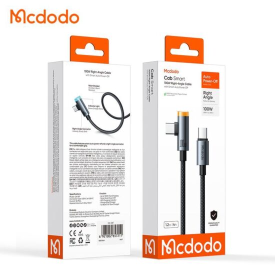کابل شارژ سریع هوشمند 90درجه تایپ سی به تایپ سی 100وات مک دودو مدل MCDODO CA-5870 قطع کن اتومات طول 1.2متر