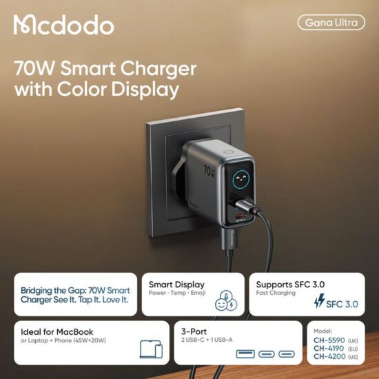 شارژر آداپتور دیواری 3پورت 70وات مک دودو مدل MCDODO GaN CH-4190 نمایشگر توان و دما