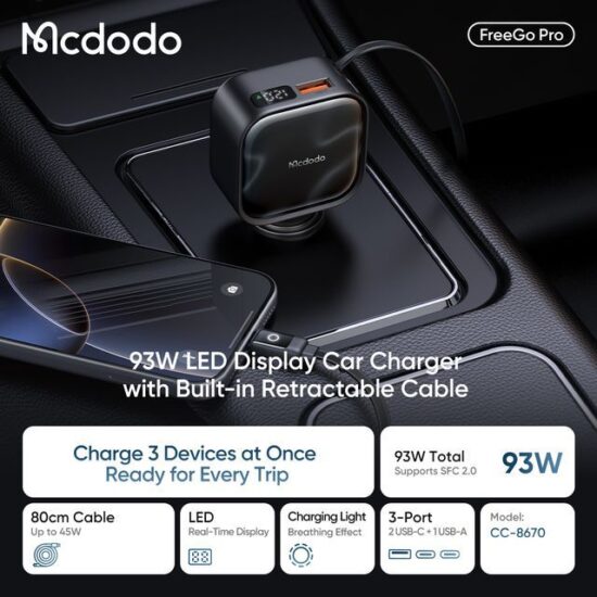 شارژر فندکی 93وات 3 پورت با کابل متصل تایپ سی مک دودو مدل MCDODO CC-8670