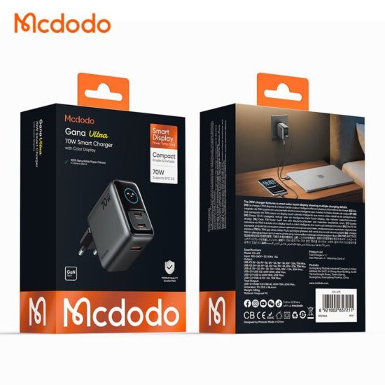 شارژر آداپتور دیواری 3پورت 70وات مک دودو مدل MCDODO GaN CH-4190 نمایشگر توان و دما