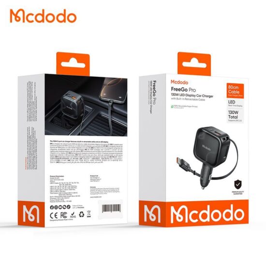 شارژر فندکی 130وات 3پورت با کابل متصل تایپ سی مک دودو مدل MCDODO CC-8710